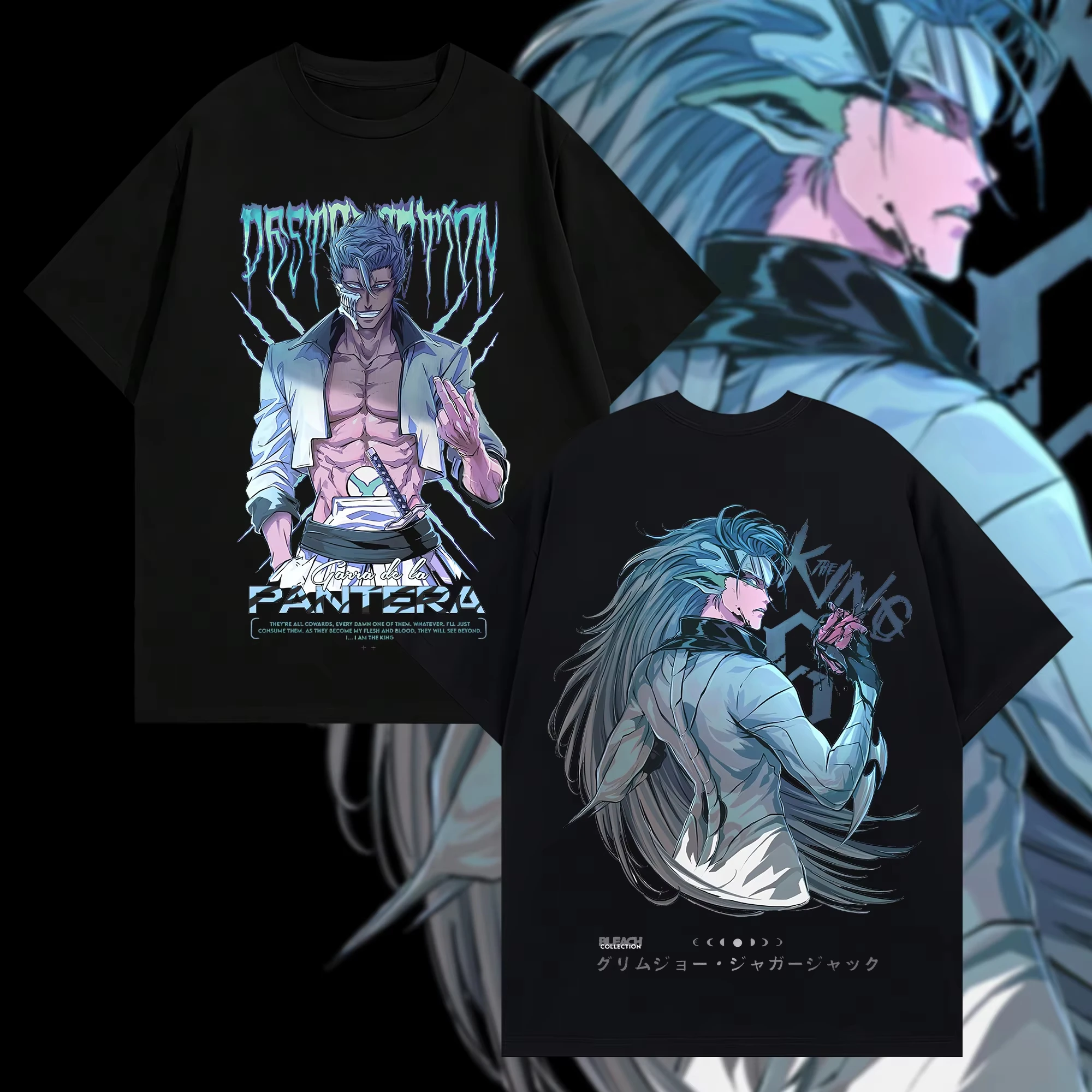 2026 Summer BLEACH Grimmjow Jaegerjaquez T-shirt, Black Anime Print, Harajuku Streetwear, Unisex Casual Tee for Fans