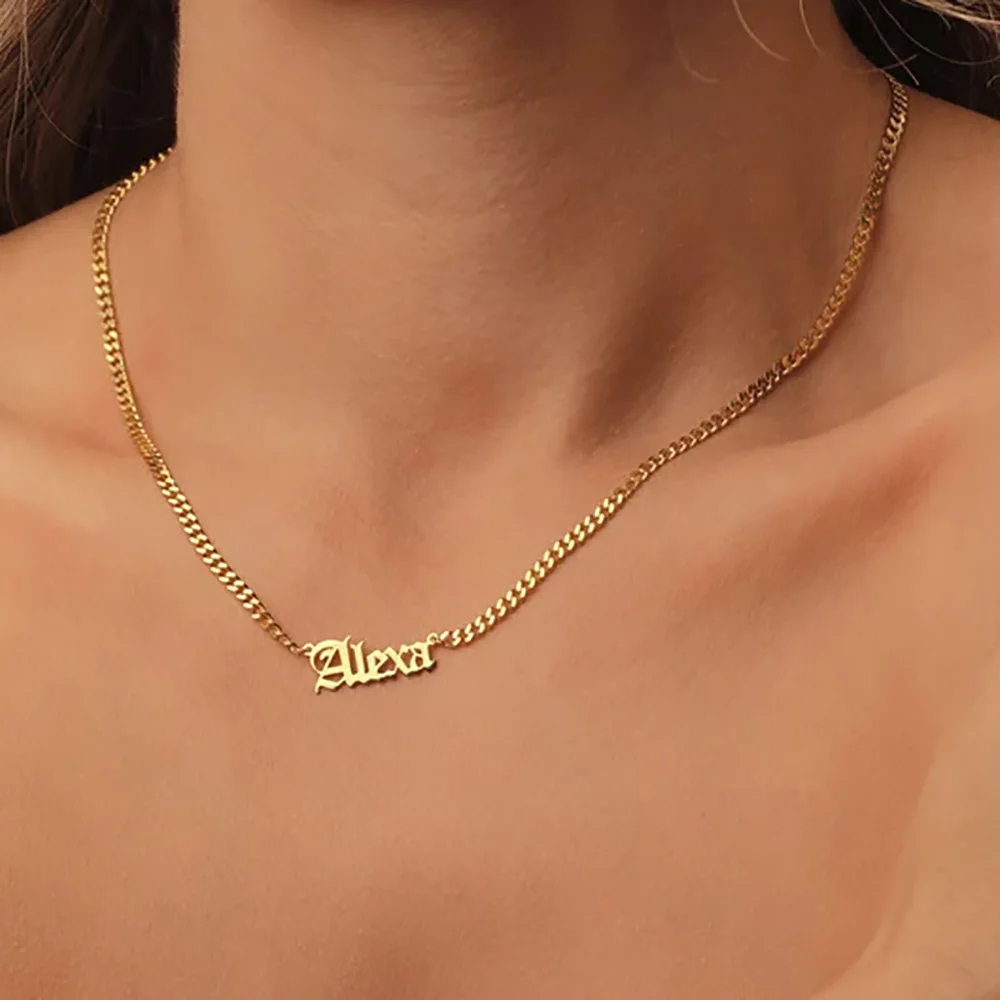 Colar de aço inoxidável inglês antigo personalizado para mulheres nome personalizado carta pingente cuba corrente colar masculino jóias vintage