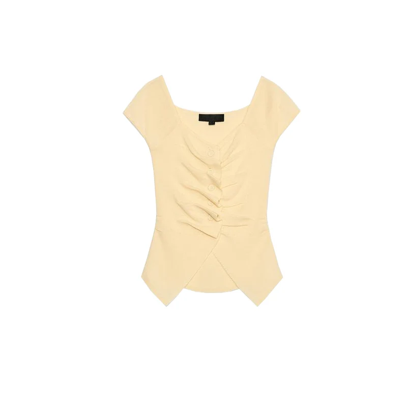 

New Summer Women's Casual Knitted round Ne Folded Decoration Top Slim Fit Polyester Fiber ort Sve V-ne Pullover