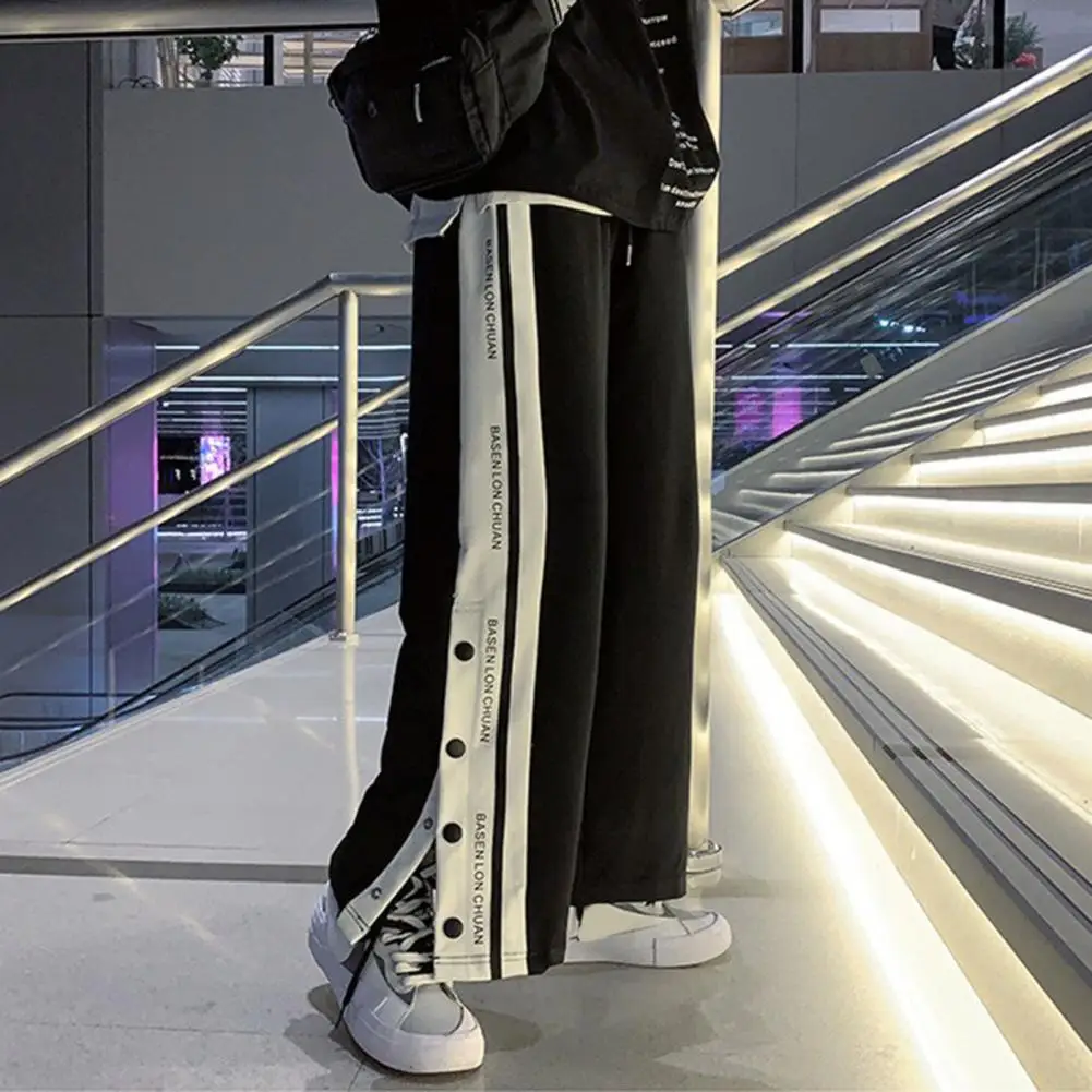 Men Sweatpants Loose Side Split Buttons Drawstring Sports Pants Casual Baggy Pants Oversized Hip Hop Joggers Harajuku Streetwear