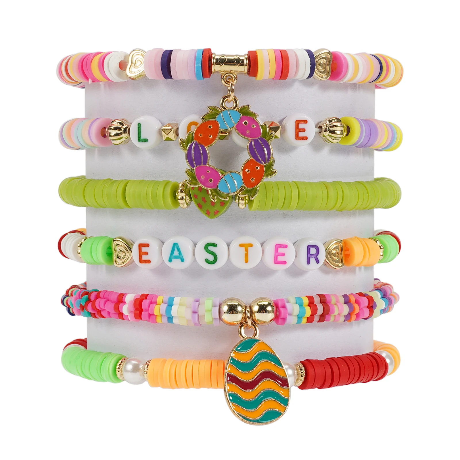 Easter Heishi Surfer Bracelets Set Easter Eggs Bunny Colorful Stackable Clay Beaded Stretch Bracelets