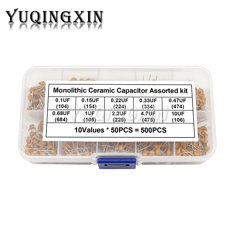 

500pcs Multilayer Ceramic Capacitor Assorted Kit 50V 10values*50pcs 0.1uF - 10uF Monolithic Capacitance Set with Box