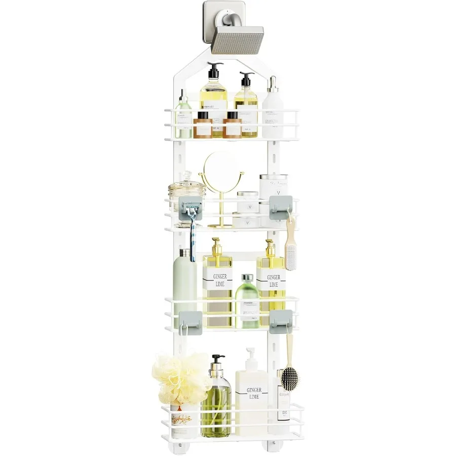Caddy de ducha antideslizante ajustable de 4 niveles sobre cabezal de ducha, organizador colgante de baño a prueba de herrumbre con 4 ganchos para maquinilla de afeitar, sin taladro