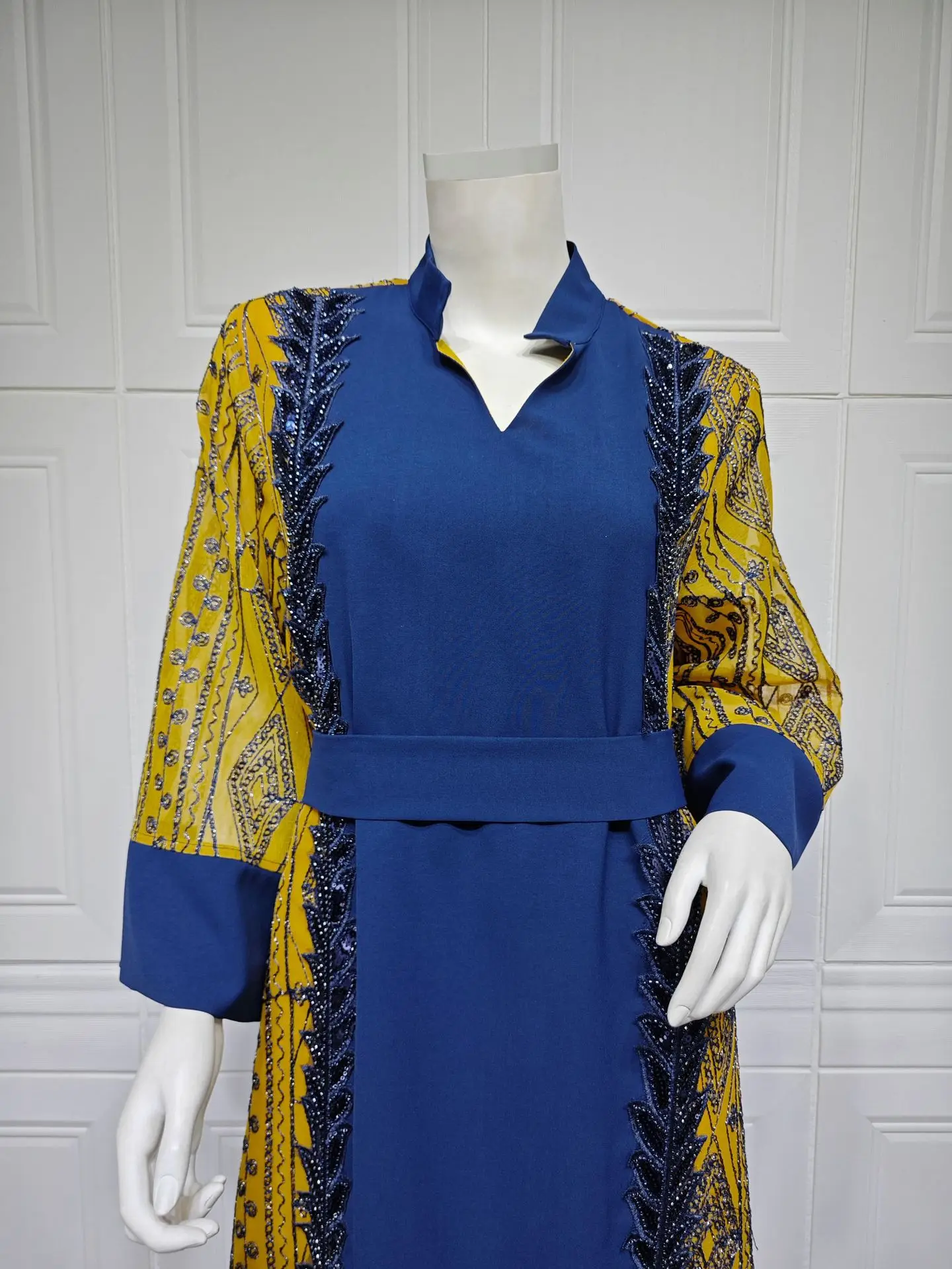 Uni Dubai Turkish Ethnic Floral Embroidery Sequins Belted Evening Gown Eid Al-Adha Saudi Arab Djellaba Clothing Ramadan Eid ﻿