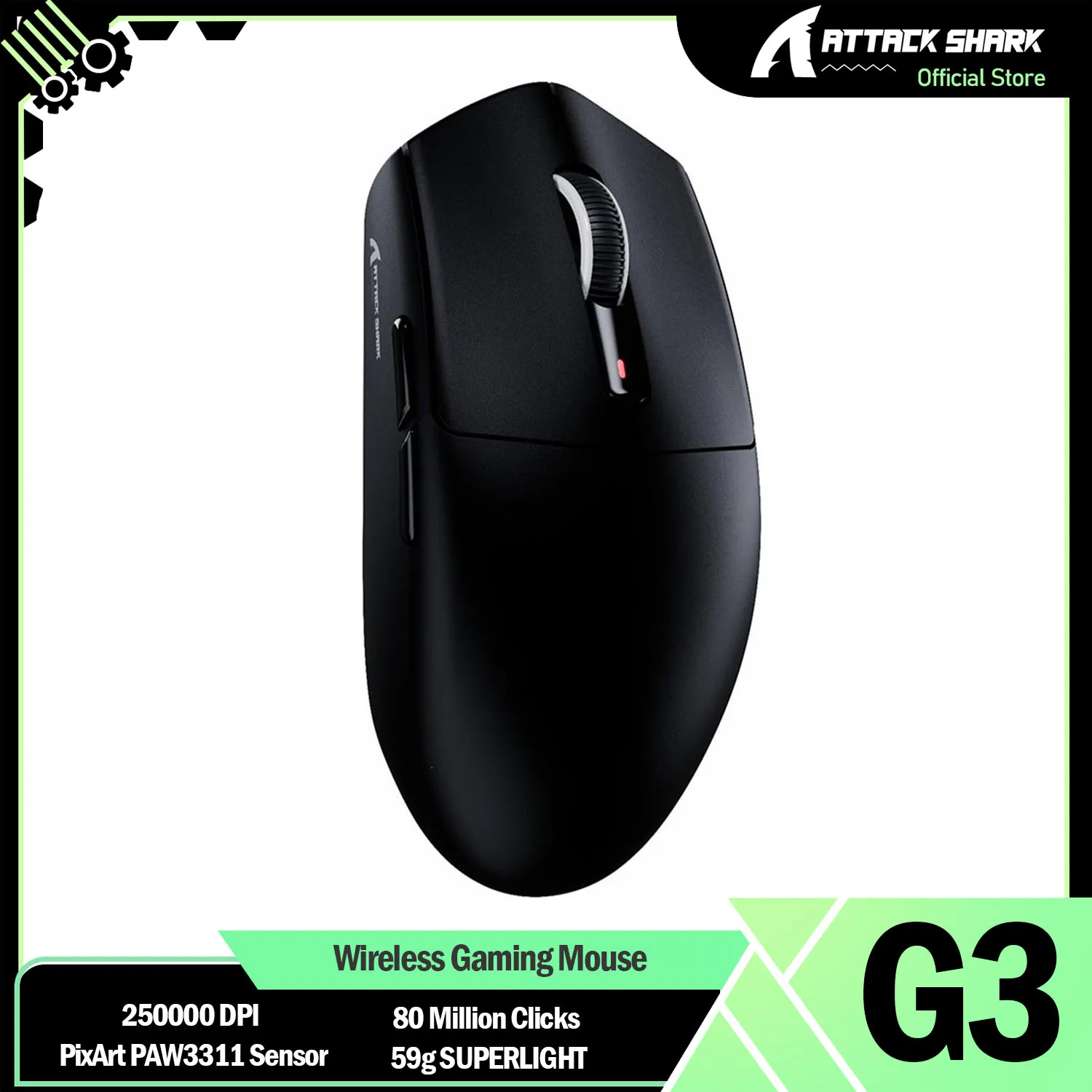 

ATTACK SHARK G3 Wireless Gaming Mouse, 250000 DPI, PixArt PAW3311 Sensor, 59g SUPERLIGHT G305 Gamer Mice, 80 Million Clicks