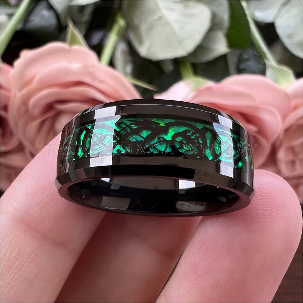 6mm 8mm Men Women Wedding Band Rings Tungsten Black Ring with Green Opal and Black Dragon Inlay Comfort Fit