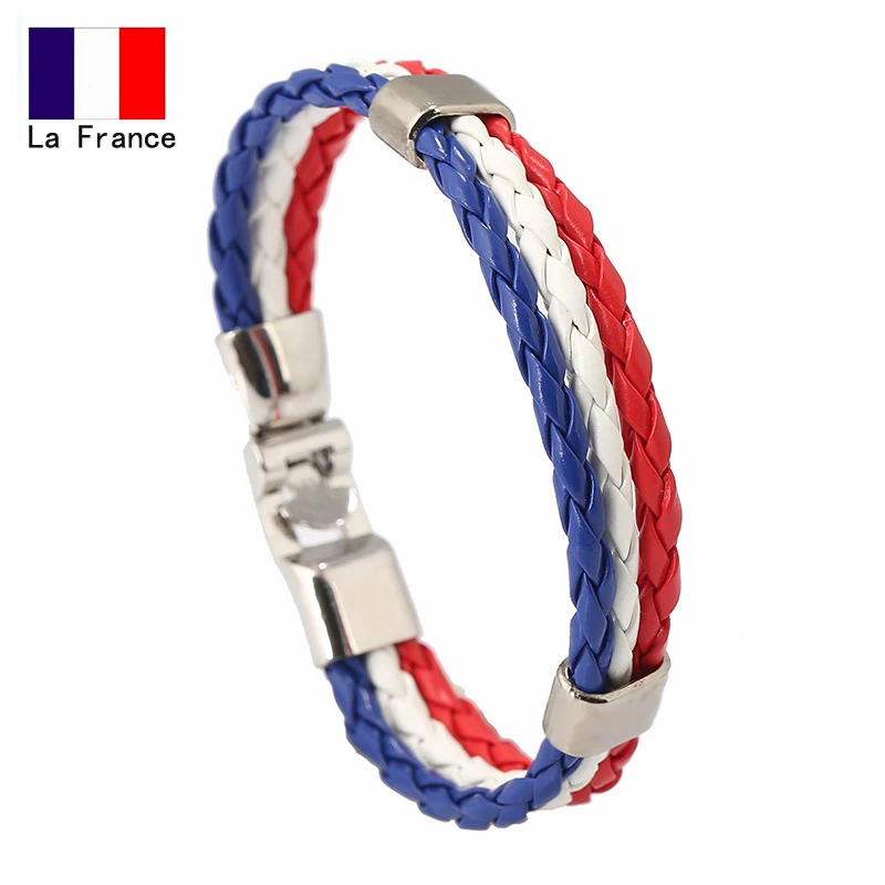 Stainless Steel Men  Spain Germany France Italy Argentina National Flag PU Leather Bracelets Handmade Jewelry