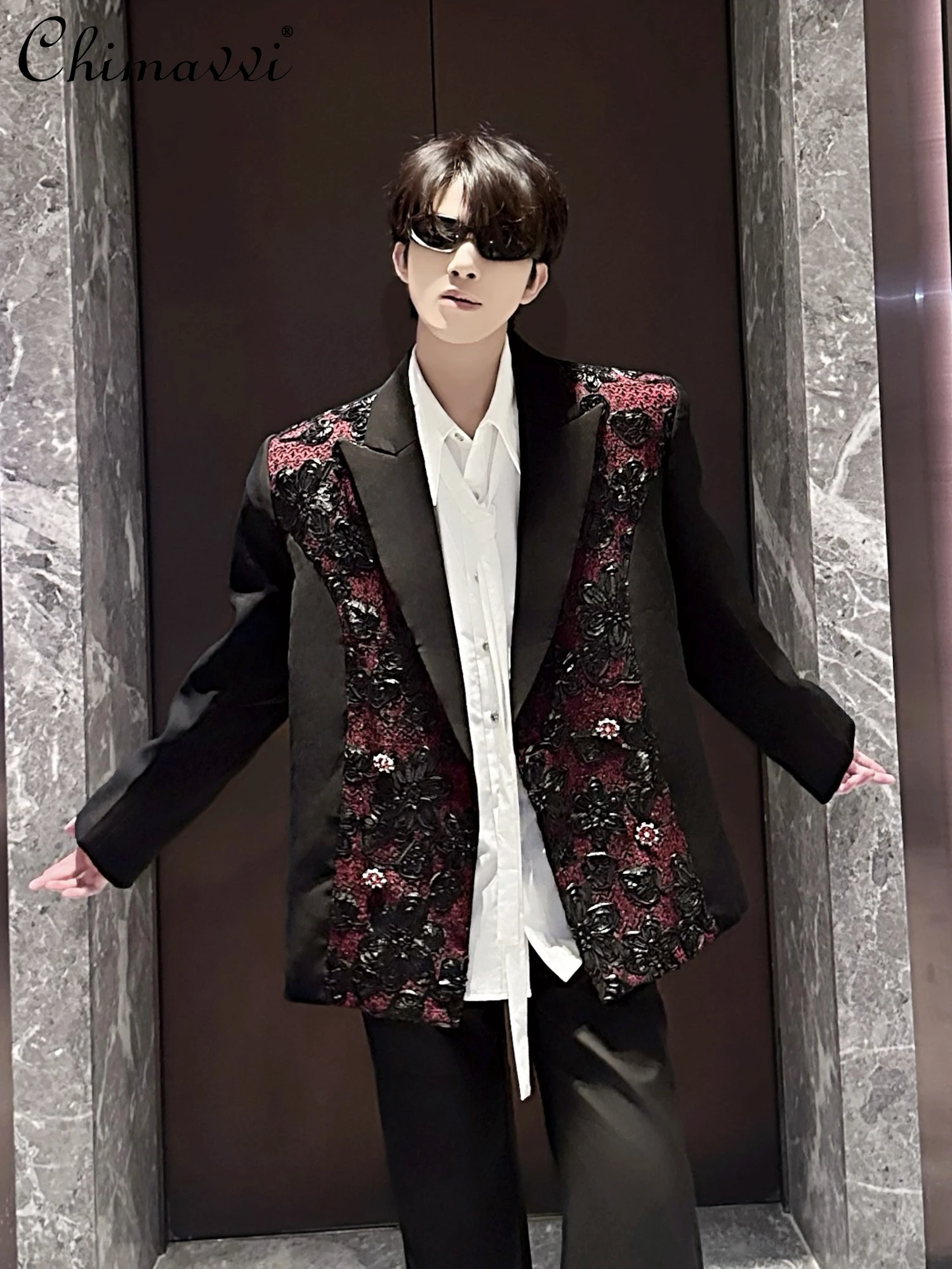 

High-end Black Blazer Men's 2025 Autumn New Heavy Industry Embroidery Splicing Design Light Luxury Shoulder Padded Suit Coat