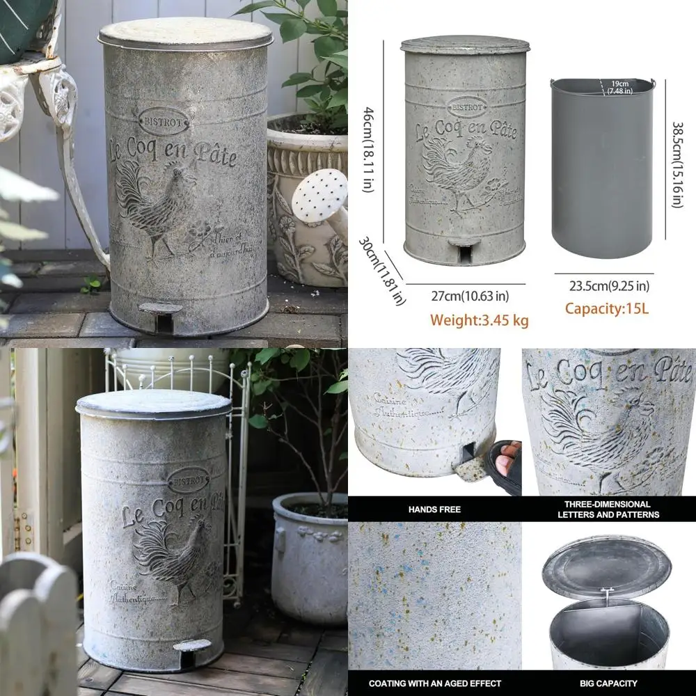 

Retro-Style 15 Liter Pedal-Activated Round Trash Can with Rooster Pattern and Touchless Lid for Kitchen Use