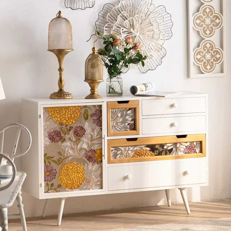 

chest of drawers, solid wood, retro glass, painted white wrought iron cabinet, facing the door when entering the house.