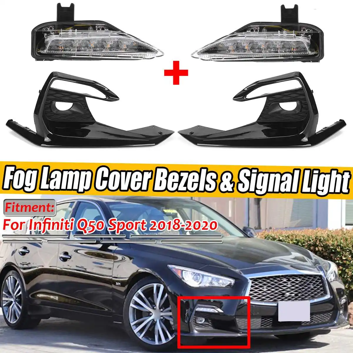 Black/Gray Car Front Fog Light Lamp Cover Bezels  Daytime Running Light Turn Signal Light Lamp For Infiniti Q50 Sport 2018-2020