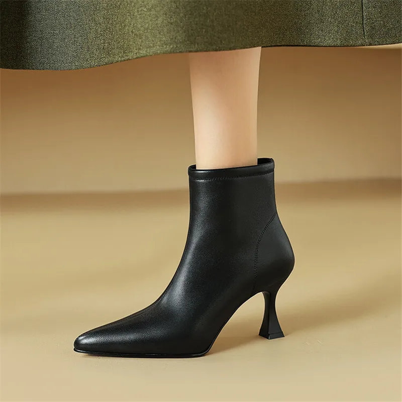 New Winter Genuine Leather Women Boots Shoes for Women Short Boots Pointed Toe Women Shoes Botines Mujer High Heels Ankle Boot - view 4