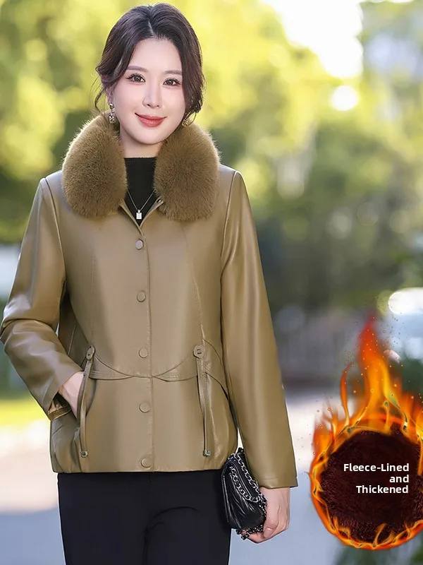 Manteau en cuir épais doublé polaire chaud pour femmes d'âge mûr – Tendance hiver, décontracté et confortable