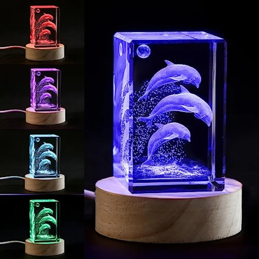 3D Crystal Dolphin Figurine Night Light with LED Base, Birthday Gift for Women, Thanksgiving Christmas Valentines Anniversary B
