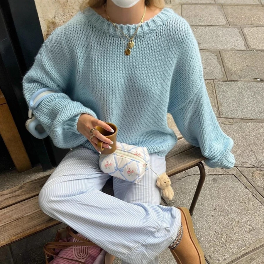 

2025 Collection Women's Oversized Knit Sweaters Long Sleeve Round Neck Solid Color Pullovers Loose Fit Tops