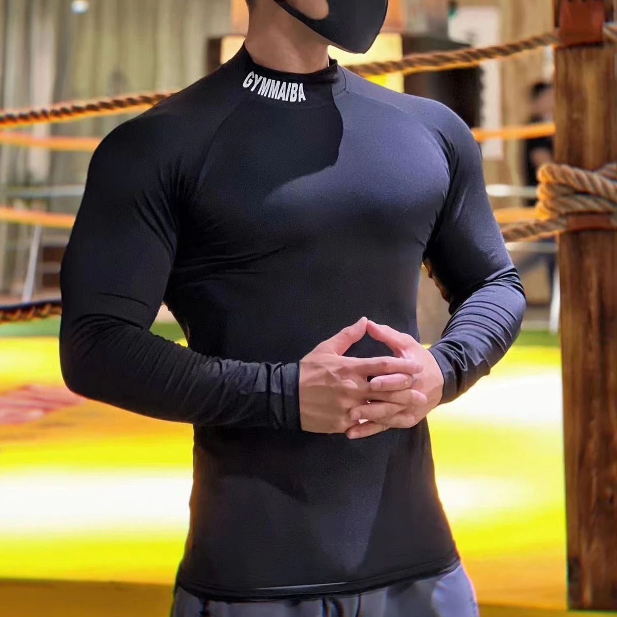 Men Turtleneck Long Sleeve Shirts Slim Fit Bodybuilding Tshirt Patchwork for Men Woukout Fitness Training Shirt