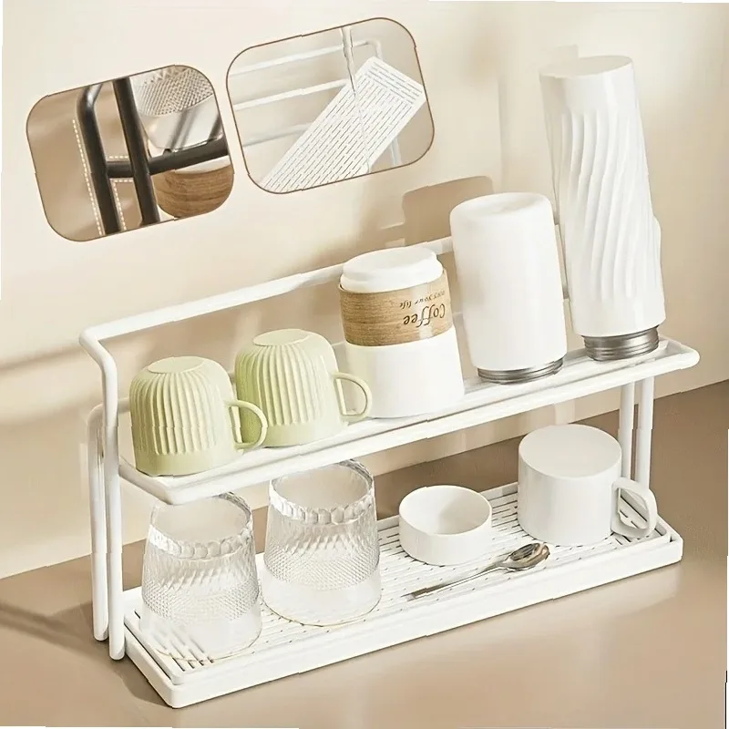 

Double Layer Kitchen Countertop Organizer with Cup Holder, Space Saving Storage Rack