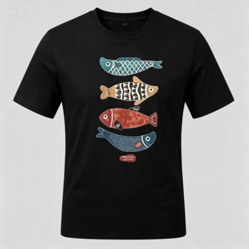 Men  Modal T‑Shirt Folk Style Fish Art Print Standard Fit Short Sleeve Retro Ethnic Graphic Casual Male Daily Streetwear Tops