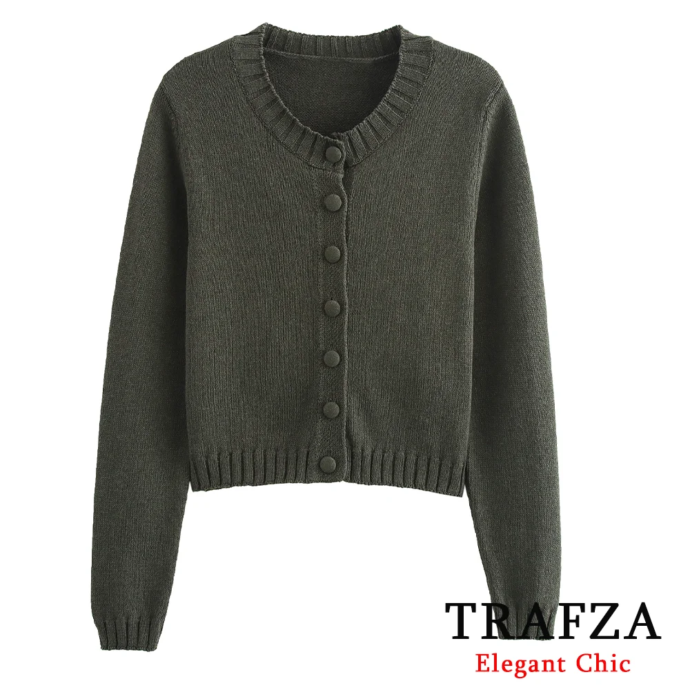 TRAFZA Basic Casual Gray Button Plain Knit Sweater Women's Solid Coat New 2024 Autumn Winter Fasion Cozy Basic Sweater