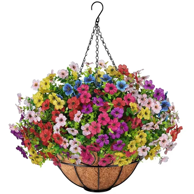 

Purple and mixed color artificial flower hanging outdoor garden summer outdoor decoration iron material hanging flower basket