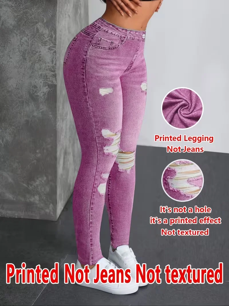 Printed Legging‑Not Denim Fabric All‑over faux‑denim printed long pants with faux pocket and button print details. New‑arrival
