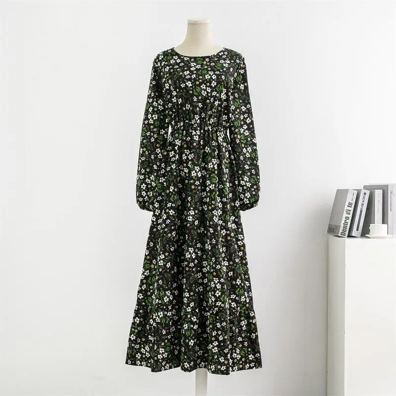 Spring Summer Women Chiffon Dresses Casual Floral Printed Bark Crinkling Long Dresses O-neck Long Sleeve Loose Muslim Maxi Dress