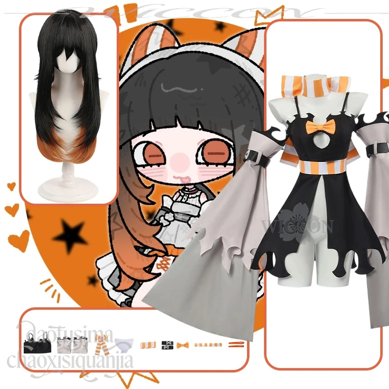

Amo Empool Gachiakuta Cosplay Outfit Jirai Kei Girls Uniform Black Slip Dress Asymmetrical Sleeves Wigs Christmas Party