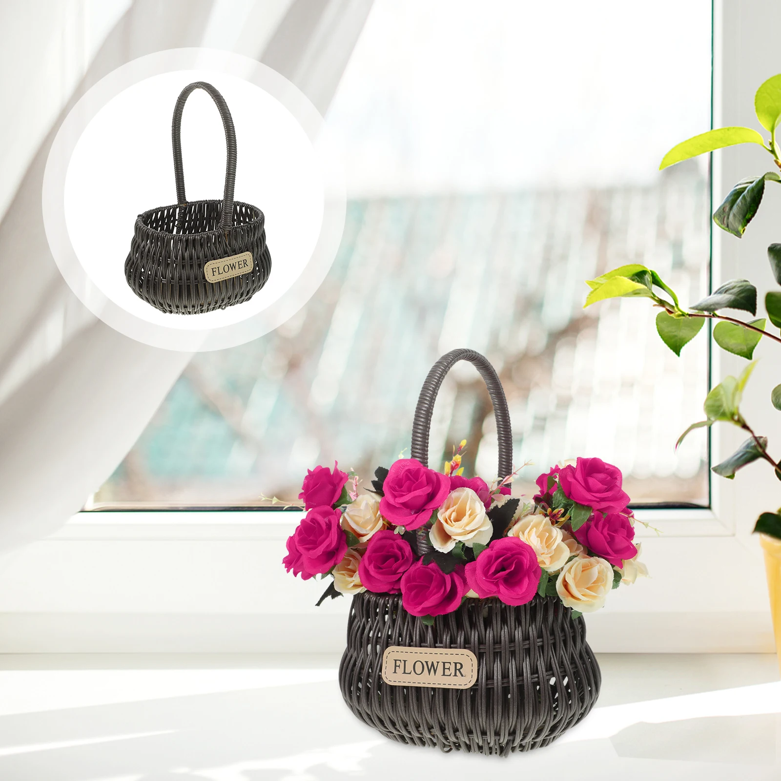 

Rattan Portable Flower Basket Hand Held Woven Baskets Plastic Small with Handles Wicker Hamper