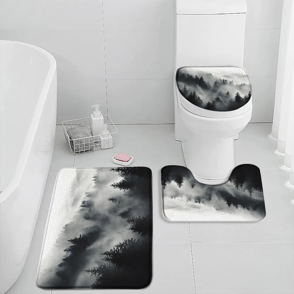 Foggy Forest Nature Bath Mat Set Misty Woodland Tree Cloud Landscape Bathroom Decor Modern Home Carpet Bath Rug Toilet Lid Cover