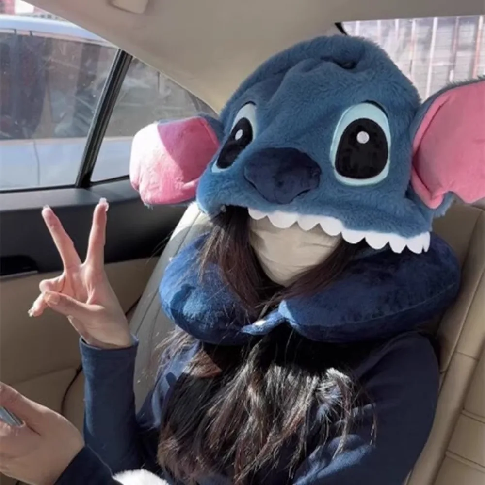 

Cute Stitch Hangyodon U-shaped Pillow with Hooded Travel Portable Car Plane Sleeping Neck Protection U-shaped Pillow Girl's Gift