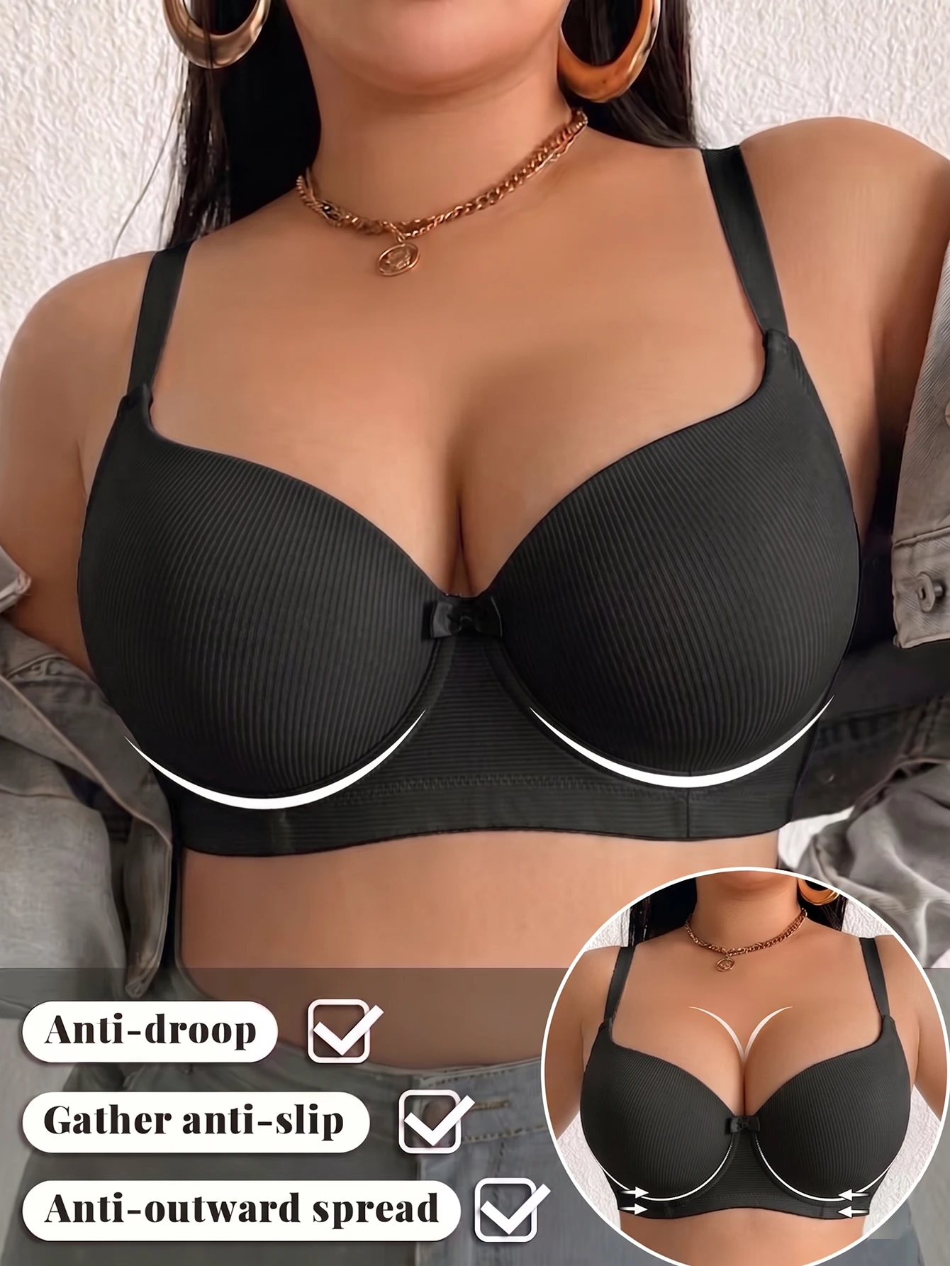Plus Size Ribbed Women Bra Solid Basic Thin Push Up Brassiere Full Cup Comfortable Underwire Underwear
