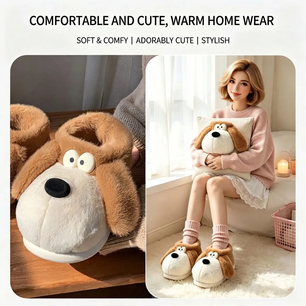 Koreanischer Stil, niedliche Welpen-Hausschuhe aus Plüsch, Damen, Winter, warm, mit weicher Sohle, für drinnen, flauschig, rutschfest, Hausschuhe. – Detail 27