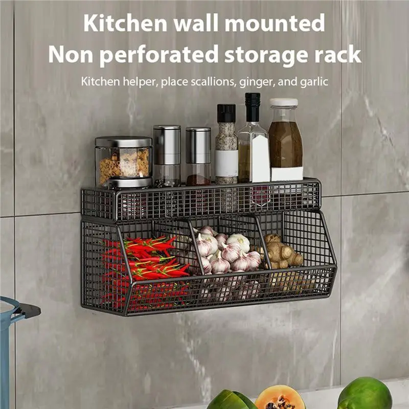 【RECOMMEND】Kitchen Wall Mounted Storage Rack Vegetables Fruits Holder Onion Garlic Condiments Spice Double Layer Storage Shelf