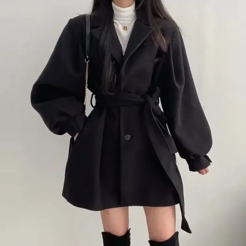 

Black Fashion Woolen Jacket Women's Autumn/winter New Trendy Medium-length Korean Style Suit Collar Petite Wool Overcoat