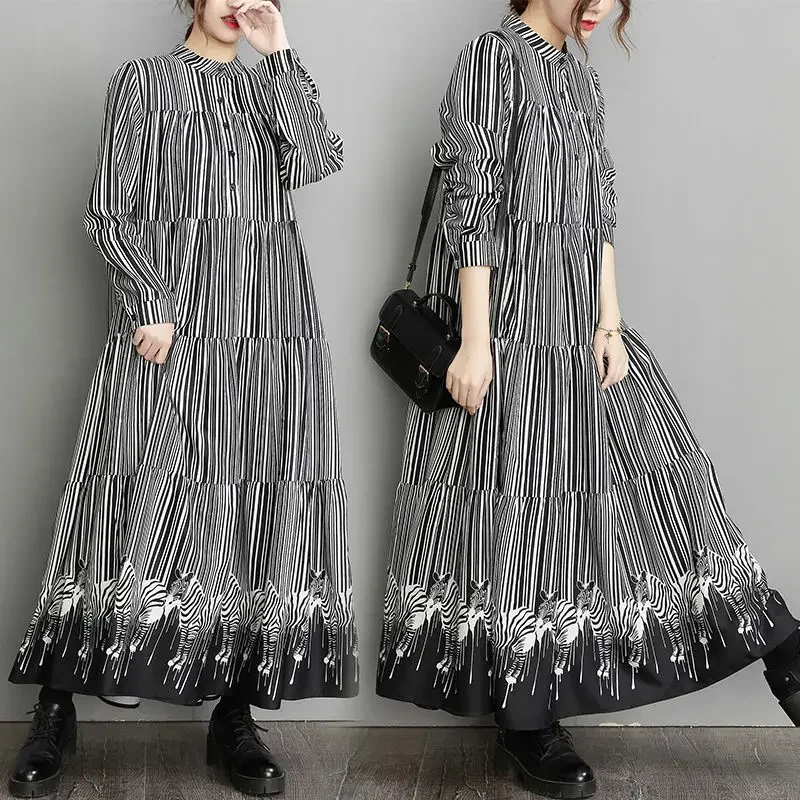 Large Size Women's Clothing 2024 Spring Long Sleeve Shirt Dress Loose Striped French Retro Stand Collar Vestido Feminino B864