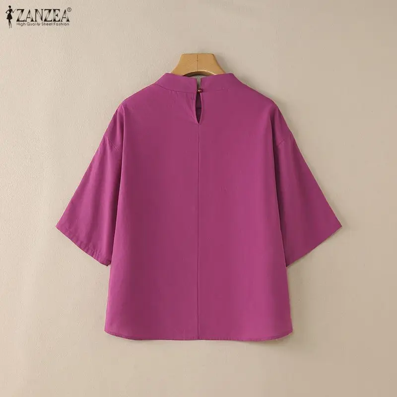 ZANZEA Blus Wanita Model High Low Gaya Kasual Musim Semi 2026 Lengan 3/4 Model Drop-Shoulder Kerah Tegak Polos Atasan Fashion Pakaian Wanita