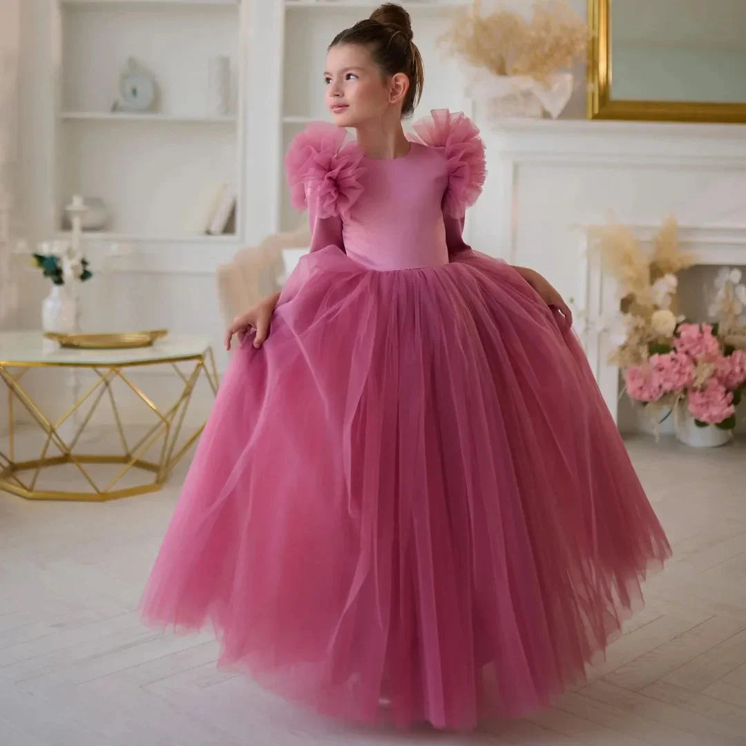 

Customized Rose Pink Flower Girl Dress Tulle With Bow Half Sleeve For Wedding Birthday Party Banquet Holy Communion Gown