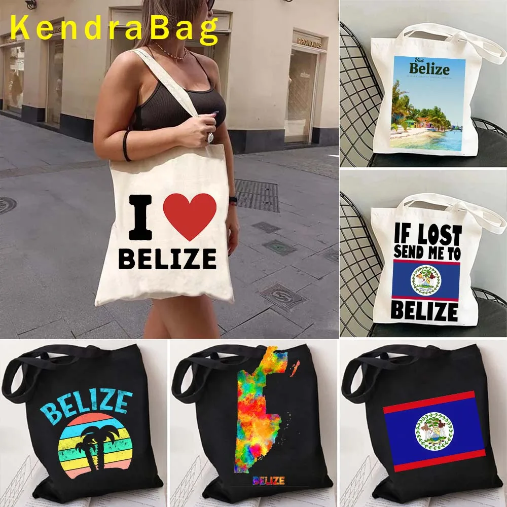 Belize Palmeiland Armen Van Belize Landkaart Vlag Aquarel Meisje Vrouwen Liefde Hart Shopper Canvas Tas Boodschappentassen