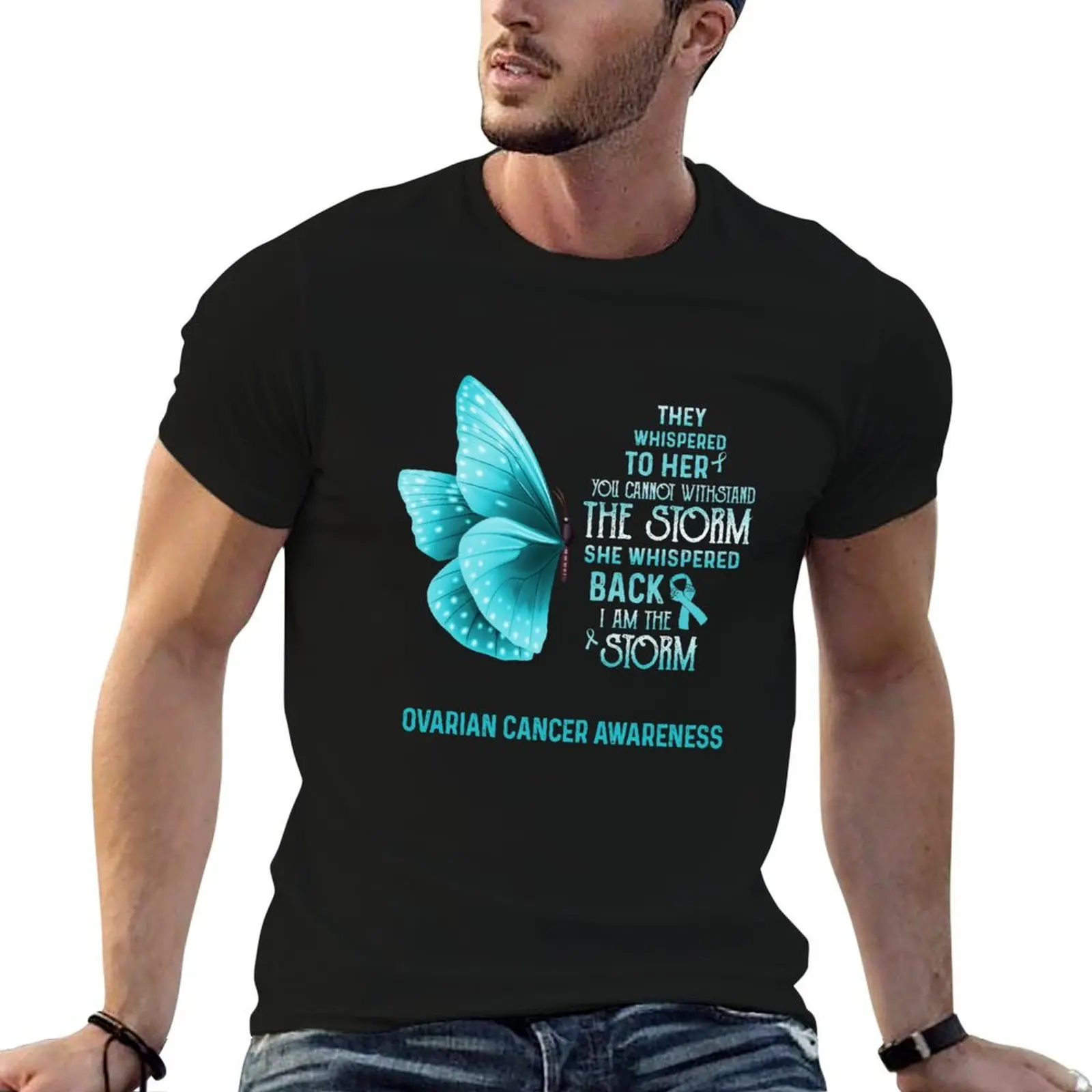 I Am The Storm Ovarian Cancer Awareness Butterfly T-Shirt shirts graphic tee man clothes oversized t shirts for men