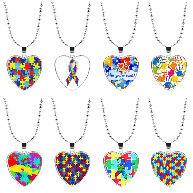 Hot Selling Fashion Accessories Heart Shaped Glass Pendant Alloy Necklace Autism Creative Gifts