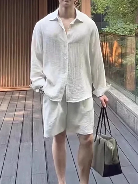 

American Sle Cotton Linen Long Sve irt Set Men's Thin Breathable Sun Protection Open Cardigan Linen Workwear Five-Quar...