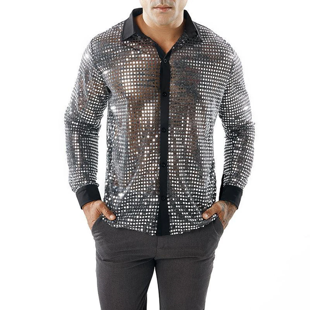 Camisa de lantejoulas e malha de poliéster masculina, camisa confortável masculina, prata dourada, preto, diário 1, boate, primavera