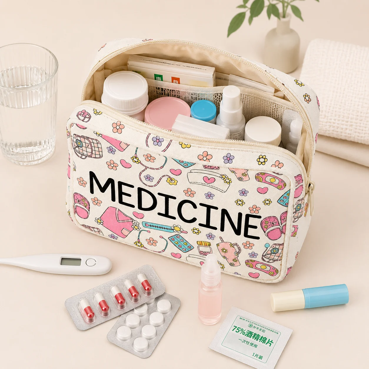 Cute Floral Medicine Bag, Large Capacity Zipper First Aid Organizer for Women, Travel, Home, School, Camping & Emergency image 5