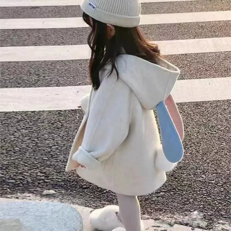 

2024 Baby Girls Winter Woolen Coats Cute Long Ears Thick Warm Coat Fashion Kids Children Overcoats Clothes