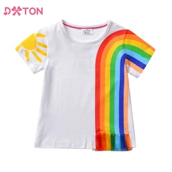 DXTON Summer Girls T Shirt Cotton Toddlers Tops Wear Short Sleeve Kids Tees Rainbow Casual Tops For Girls Children Clothing 3-8Y