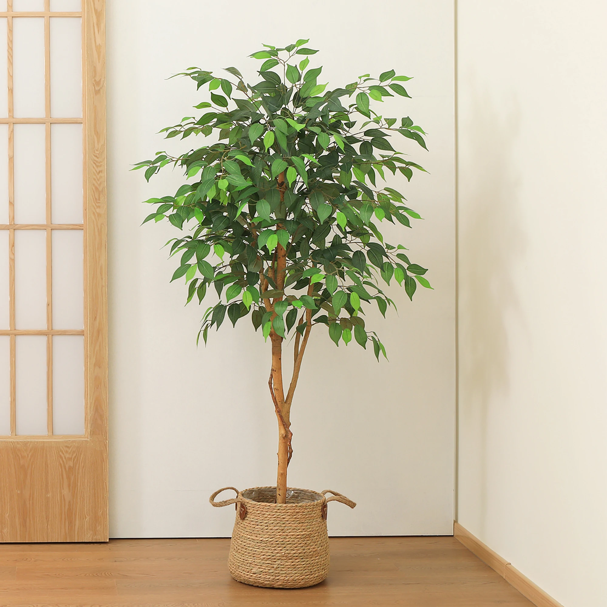 Artificial Ficus Tree with Natural Wood Trunk and Lifelike Leaves, Potted Tree Indoor Outdoor Living Room Home Decor