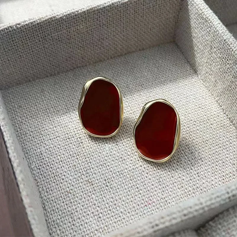 Wine Red Color Bean Irregular Geometry Stud Earring for Women Korean Style Jewelry Brincos Wedding Girl Gift
