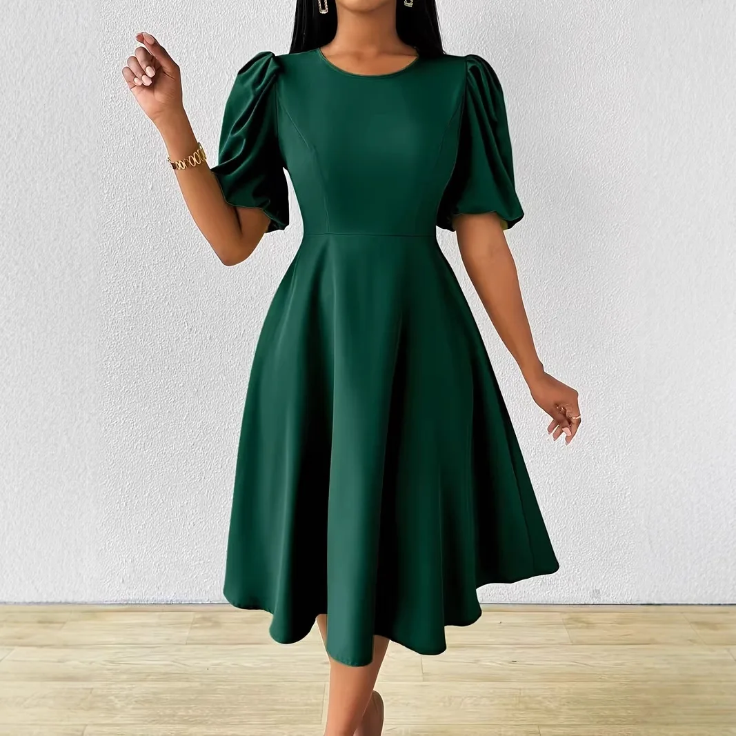 

Women's summer new fashionable and elegant solid color round neck A word short-sleeved dress