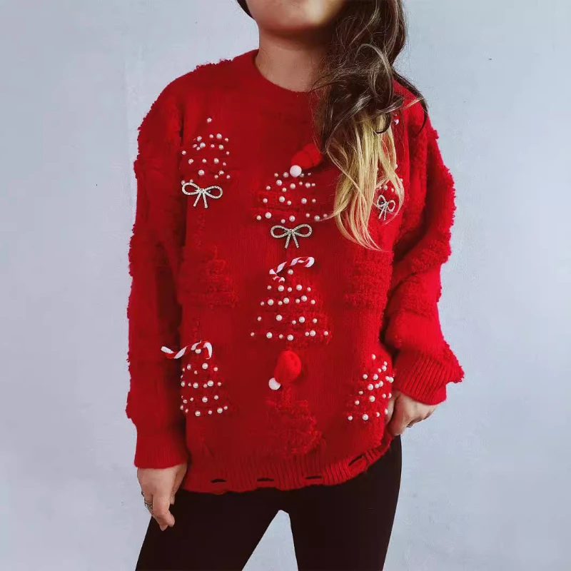 Solid Color Handmade Pearl Christmas Three-dimensional Decoration Plush New Year Sweater Christmas Sweater