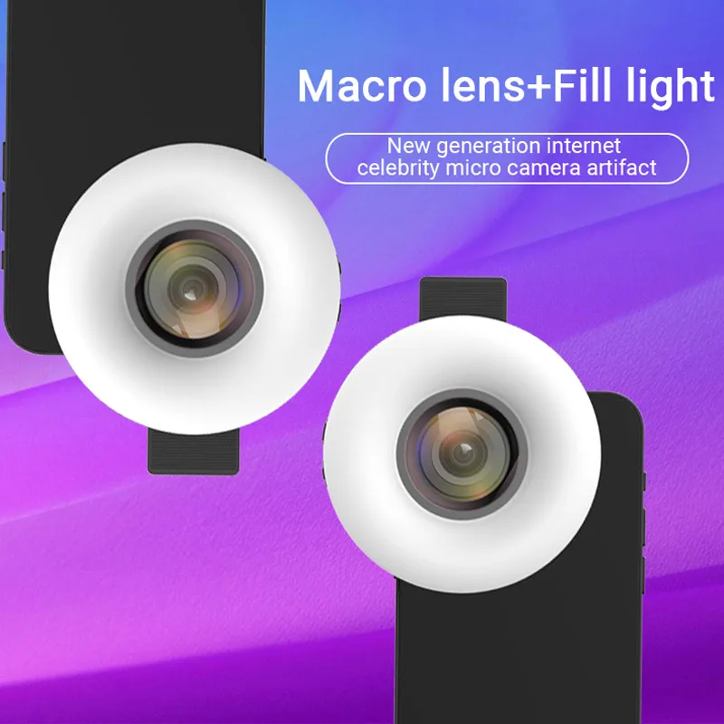 Macro Lens for Mobile 15X Fill Ring Light Selfie Live Lamp Camera Lens with LED Universal Flash Smartphone Portable Light Clip